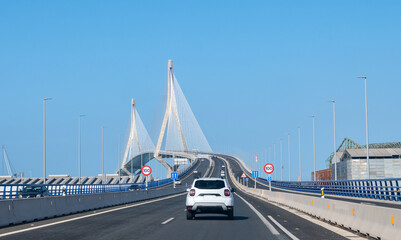 View on cable-stayed bridge with high pylons across the Bay of Cadiz, linking Cadiz with Puerto Real in mainland Spain