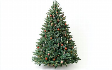 christmas tree with decorations toys and lights on white background