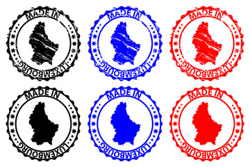 Made in Luxembourg - rubber stamp - vector, Luxembourg map pattern - black,blue and red
