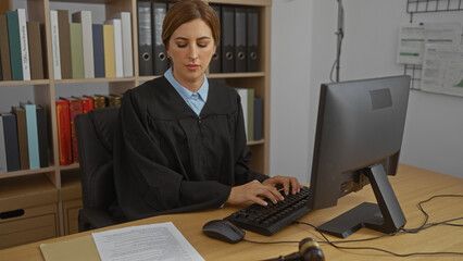 Attractive blonde woman judge working on computer in modern office with bookshelves, legal...