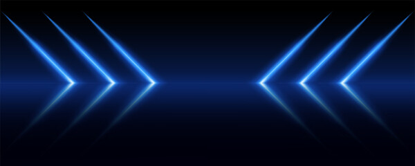 Arrow blue neon laser lines in dark studio background abstract pattern. Empty space in room with shiny reflective stage. Night scene to place product. Beautiful flash and sparkle movement and speed.