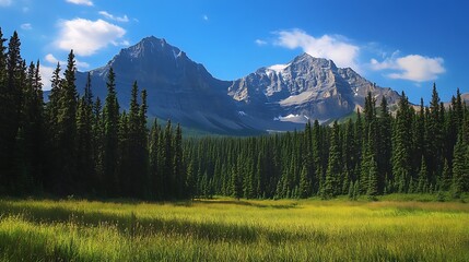 Majestic mountains, evergreen forest, and meadow under a sunny sky.