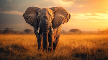 Fototapeta premium Elephant in the African Savannah at Sunset
