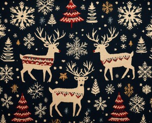Intricate Nordic-inspired festive pattern with reindeer, snowflakes, and trees on a dark background, showcasing traditional Scandinavian holiday motifs and winter elements for seasonal decorations.