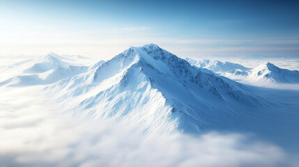 A breathtaking aerial view of a snow-covered mountain tip emerging above a sea of white clouds, bathed in hyperrealistic sunlight. The scene captures the symbolism of serenity, power, and chaos.

