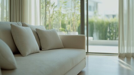 Modern minimalist living area with elegant, open layout. Featuring sleek lines and soft colors