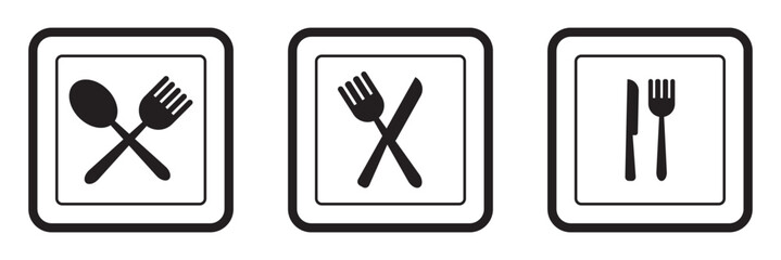 Fork, knife, plate and spoon. Menu symbol. Restaurant icon. Food, plate, fork, knife, spoon, cutlery icon set. Vector