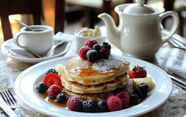 A breakfast spread with pancakes, syrup, and fresh berries.