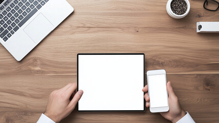 Close up of person using laptop and smartphone on wooden desk