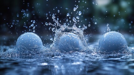 Three spheres splashing in water.