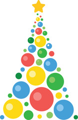 Stylized christmas tree made of colorful bubbles with a yellow star on top, creating a festive and modern holiday greeting card on white background