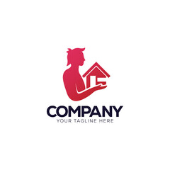 Logo design of a person holding a house. 