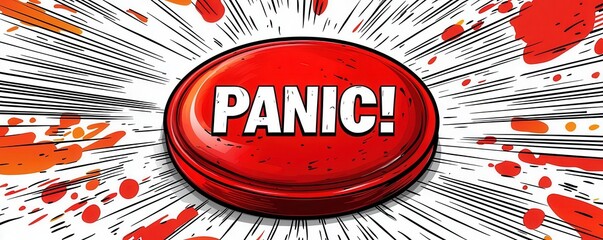 Red panic button illustration with comic style design and bold text