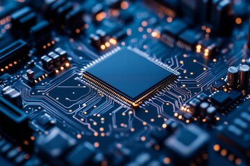 A close-up of a microchip on a circuit board, symbolizing advanced technology, innovation, and digital systems.