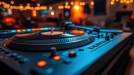 Obraz premium Turntable close-up in vibrant nightclub.