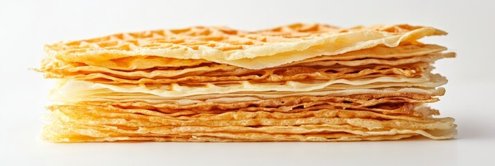 A stack of thin layered waffles in different sizes, isolated on a bright white surface