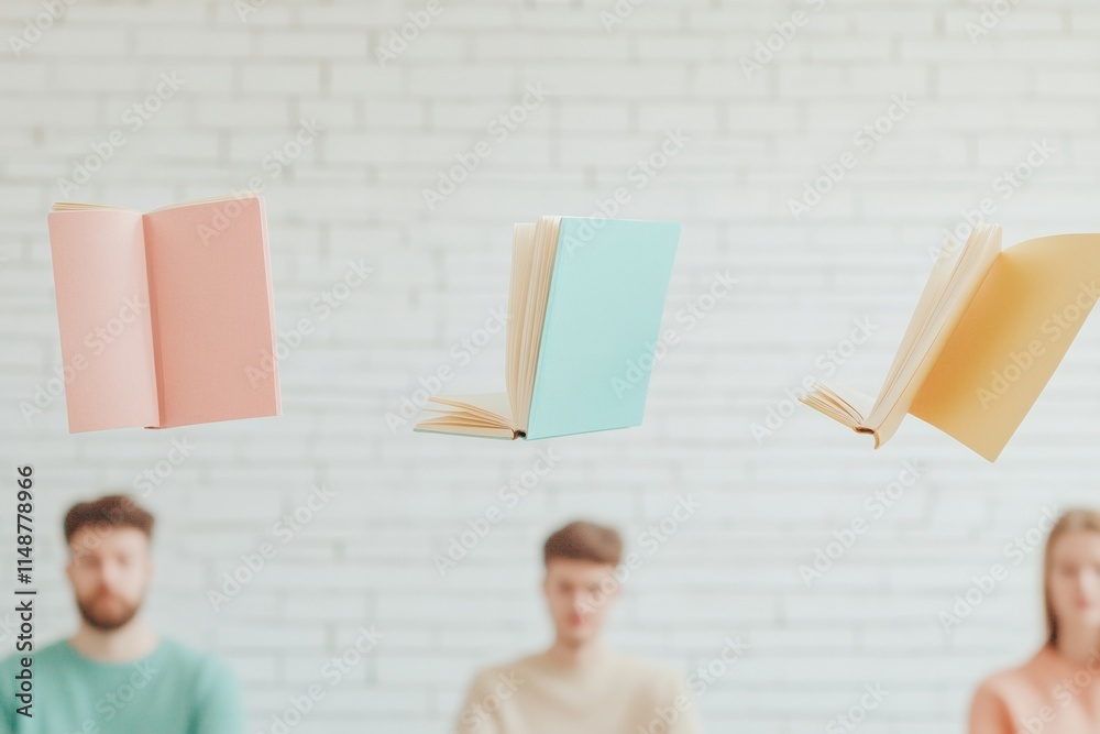 Poster floating books with people surreal minimalism and community learning