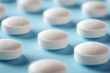 White round pills on a blue background.