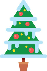 Stylized christmas tree with snow and colorful balls growing in a terracotta pot, perfect for greeting cards, websites, and social media during the holiday season