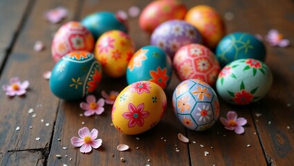 Fototapeta premium Colorful decorated Easter eggs with floral patterns and petals on wooden surface 