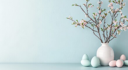 For Easter in a ceramic white vase, spring blooming sprigs and Easter eggs in pastel colours around on a blue wall background, can be used as a graphic resource
