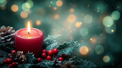 Christmas Background - Red Candle in winter snow landscape background - Blank greeting card with magic golden bokeh lights with copy space for your Xmas Advent greeting card