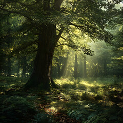 Fototapeta premium Majestic Cedar Tree in a Tranquil Forest with Sunlight and Shadows
