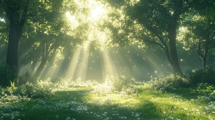 Obraz premium A serene forest scene with sunlight filtering through trees, creating a peaceful atmosphere.