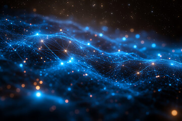 An abstract digital banner featuring a data connection theme in blue and black colors
