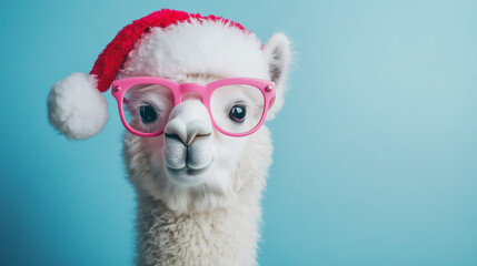 Lama with glasses and santa hat isolated on blue background