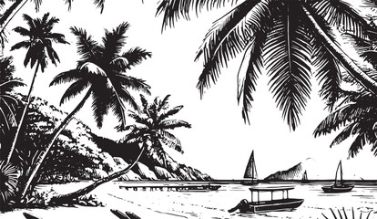 silhouette Tropical summer beach background. silhouette Beach landscape vector illustration