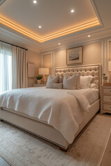 Chambre Parentale Luxueuse avec Lit King-Size, Tables de Chevet Élégantes, Dressing Intégré et Éclairage Doux, Ambiance Haut de Gamme et Relaxante