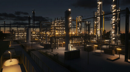 Naklejka premium Oil Production Facility Lit Up at Sunset