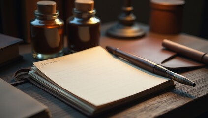 Vintage Handcrafted Stationery on a Wooden Desk. Perfect for artistic projects, nostalgia themed campaigns, or product promotion for writing tools.