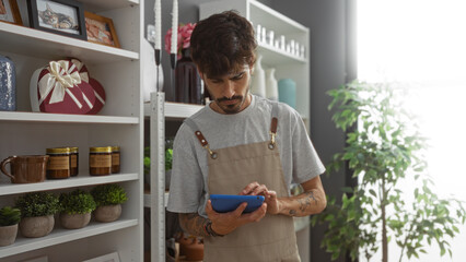 Young hispanic man with beard in an apron using tablet in beautifully decorated home decor store...