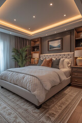 Chambre Parentale Luxueuse avec Lit King-Size, Tables de Chevet Élégantes, Dressing Intégré et Éclairage Doux, Ambiance Haut de Gamme et Relaxante