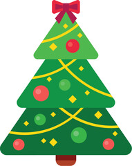 Stylized green christmas tree with colorful balls, yellow ribbons and a purple bow on top, celebrating christmas holidays with festive decorations