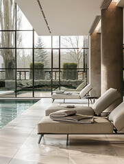 Fototapeta premium serene minimalist interior featuring lounge chairs by large window overlooking tranquil outdoor space. design emphasizes relaxation and modern aesthetics