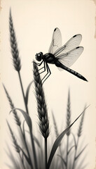 Graceful dragonfly perched on a wheat stalk in monochrome details. Vintage pattern