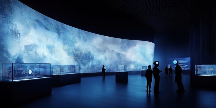 Futuristic museum interactive exhibits. AI guides assist visitors in exploring holographic reconstructions of history. Visitors interact with tech displays offering detailed insights into life