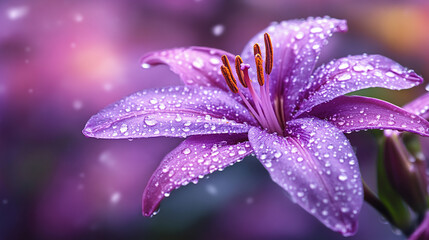 Fototapeta premium magical purple lily flower blooms, symbolizing mystery, transformation, and spiritual growth. Its rich color and delicate petals evoke a sense of tranquility amidst chaos and change