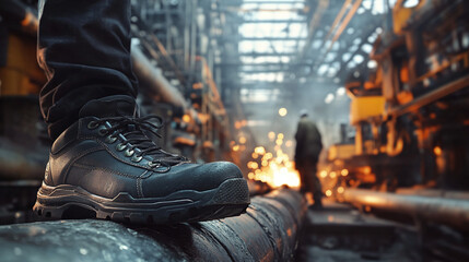 Industrial Workers Boots Among Heavy Machinery Operations