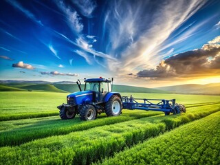 Fototapeta premium Blue Tractor Spraying Pesticide in Lush Green Field - Agricultural Machinery Stock Photo