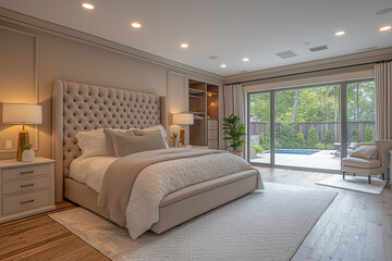 Chambre Parentale Luxueuse avec Lit King-Size, Tables de Chevet &Eacute;l&eacute;gantes, Dressing Int&eacute;gr&eacute; et &Eacute;clairage Doux, Ambiance Haut de Gamme et Relaxante