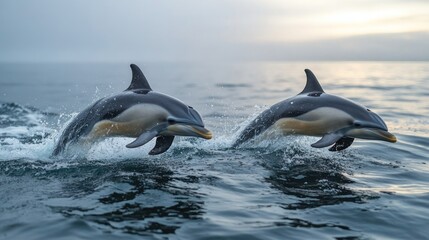 Obraz premium Two dolphins leaping from ocean waves at sunset. (2)