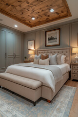 Chambre Parentale Luxueuse avec Lit King-Size, Tables de Chevet Élégantes, Dressing Intégré et Éclairage Doux, Ambiance Haut de Gamme et Relaxante