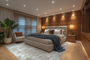 Chambre Parentale Luxueuse avec Lit King-Size, Tables de Chevet Élégantes, Dressing Intégré et Éclairage Doux, Ambiance Haut de Gamme et Relaxante