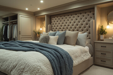 Chambre Parentale Luxueuse avec Lit King-Size, Tables de Chevet Élégantes, Dressing Intégré et Éclairage Doux, Ambiance Haut de Gamme et Relaxante