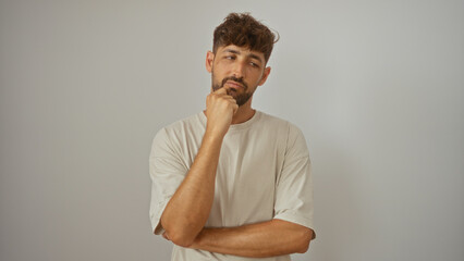 Young attractive man thinking deeply over isolated white background in casual attire, creating an...