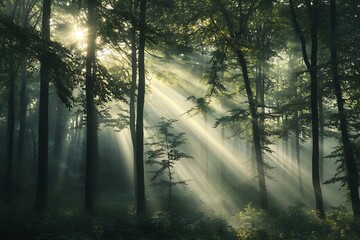 Obraz premium Sunbeams Illuminate Misty Forest Trees